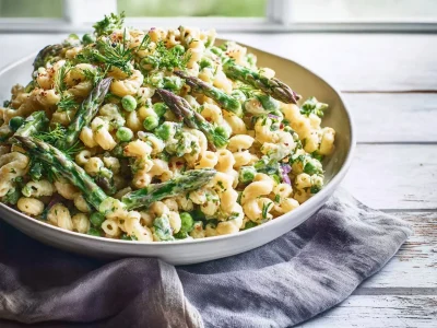 Lemon-Dijon Asparagus and Pea Macaroni Salad with vibrant colors and flavors