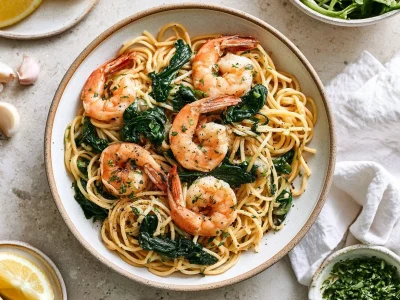 A bowl of lemon garlic shrimp pasta with spinach and herbs