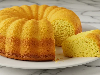 Golden lemon pudding bundt cake with glossy glaze on marble countertop