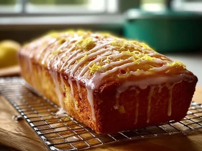 A slice of Lemon Rhubarb Loaf Cake with a zesty lemon glaze atop a golden brown loaf.