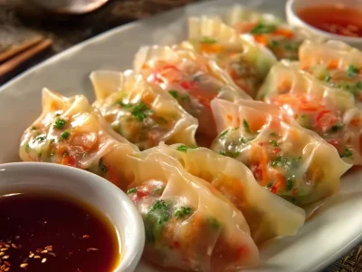 A plate of low-cal veggie shrimp dumplings, garnished and ready to serve.