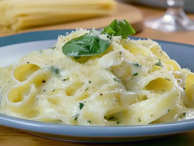 low calorie pasta alfredo served in a white bowl