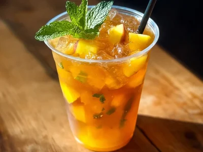 Refreshing Mango Iced Tea served in a glass with ice and mint leaves