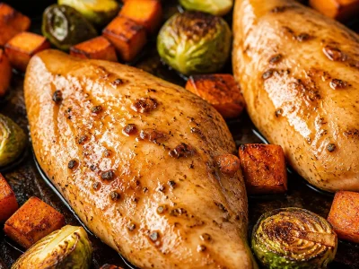 Sheet pan Maple Dijon Chicken with Brussels sprouts and sweet potatoes for a healthy meal.