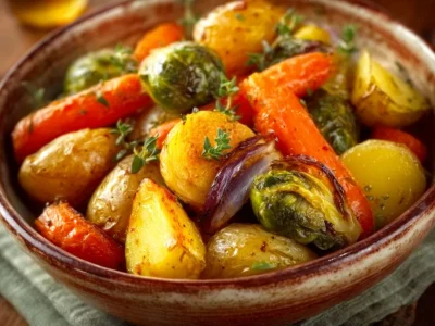 Maple Dijon Roasted Vegetables in a colorful serving bowl