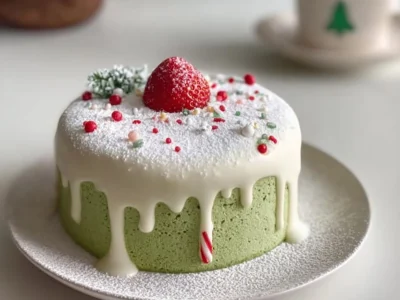 Delicious Matcha Snow-Melt Cake topped with powdered sugar and matcha.
