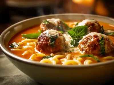 Creamy Italian meatball soup in a bowl garnished with parsley