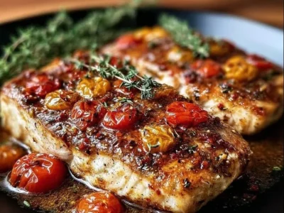 Mediterranean baked fish garnished with herbs and lemon on a plate