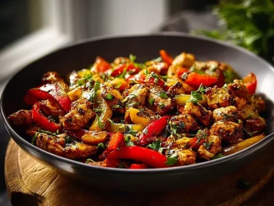 Mediterranean Chicken Stir Fry with colorful vegetables in a skillet