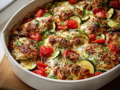 Baked Mediterranean Chicken with zucchini and herbs for a healthy meal.