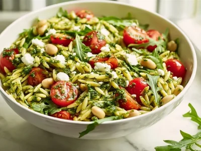 Delicious Mediterranean Pesto Orzo Salad with fresh vegetables and herbs