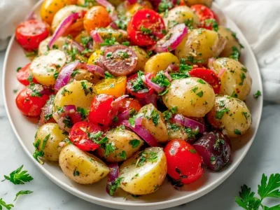 Mediterranean potato salad with fresh herbs and veggies on a plate