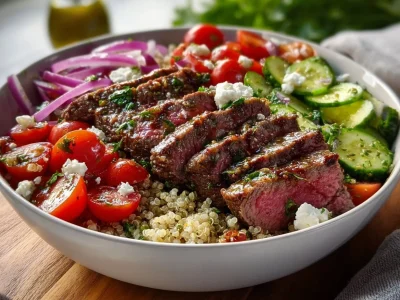 Delicious Mediterranean steak bowls with fresh vegetables and grains