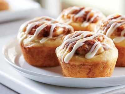 Delicious mini cinnamon roll muffins topped with icing on a wooden table