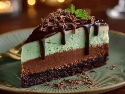 Decadent mint chocolate cheesecake with a creamy texture and chocolate drizzle.
