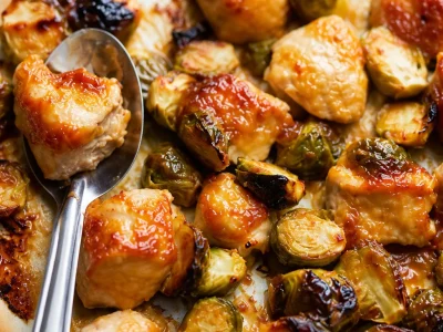 Miso maple chicken with roasted Brussels sprouts on a plate.