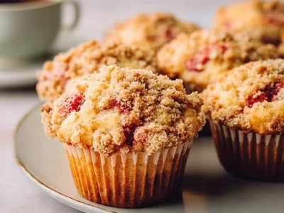 Moist strawberry rhubarb muffins fresh out of the oven