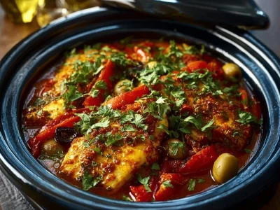 Moroccan fish tagine made with ginger and saffron served in a traditional tagine pot