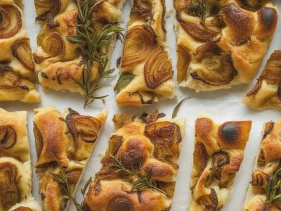Freshly baked Onion Focaccia Bread topped with garlic and caramelized onions.