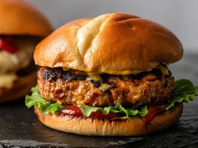 Juicy grilled turkey burgers on a barbecue grill, garnished with fresh toppings.