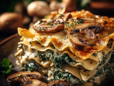Delicious Mushroom and Spinach Lasagna served in a baking dish