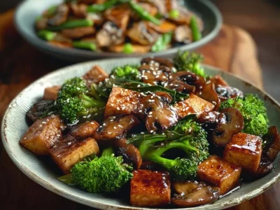 Delicious mushroom and tofu stir-fry served in a bowl with vibrant vegetables.