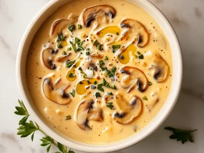 mushroom soup in a ceramic bowl, creamy texture with sliced mushrooms and herbs