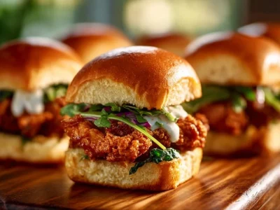 Nashville hot chicken sliders served with pickles and slaw