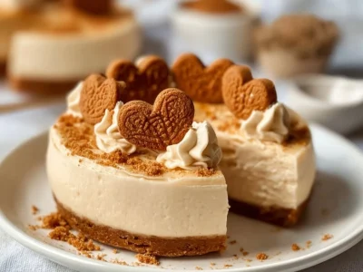 No bake mini Biscoff cheesecakes with creamy filling and Biscoff cookie crust