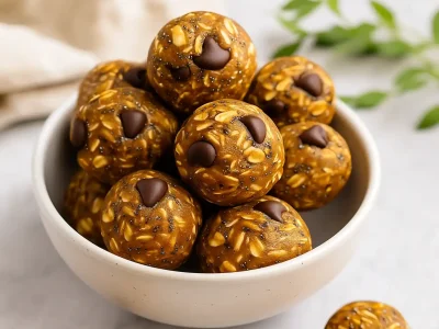 Pumpkin Protein Balls – A Cozy No-Bake Fall Snack Healthy pumpkin protein balls with oats and chocolate chips served in a rustic bowl