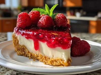 No-Bake Raspberry Cream Pie with fresh raspberries and whipped cream