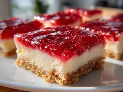 No bake rhubarb cheesecake squares on a rustic wooden table