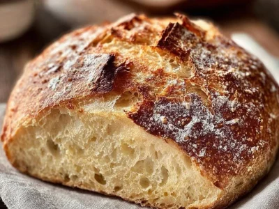 Freshly baked no knead Italian artisan bread loaf on a wooden table