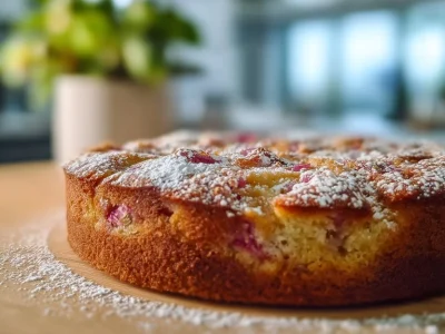 A slice of Norwegian Rhubarb Cake with fresh rhubarb on top for decoration.