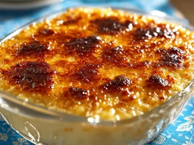 Bowl of homemade old fashioned rice pudding topped with cinnamon and raisins.