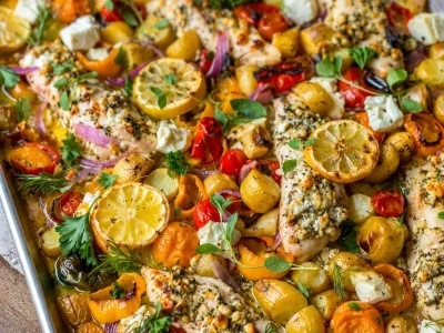 One-Pan Lemon Chicken and Veggies dinner featuring fresh herbs and colorful vegetables