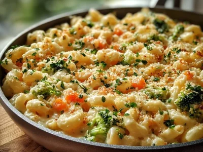 One pot veggie mac and cheese dish topped with fresh vegetables