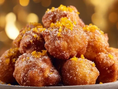 Freshly made orange cinnamon fritters dusted with powdered sugar on a plate