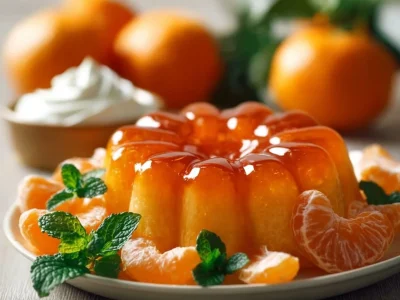 Bowl of vibrant orange jello dessert garnished with fresh fruit