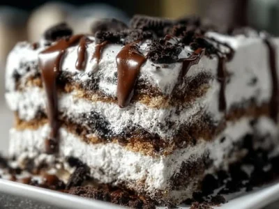 Delicious Oreo Icebox Cake layered with cream and crushed Oreos