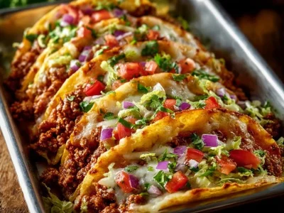 Oven-baked cheesy tacos topped with melted cheese and fresh toppings