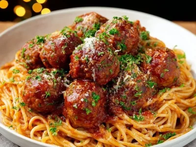 Oven-baked Italian meatballs garnished with herbs, served on a plate.