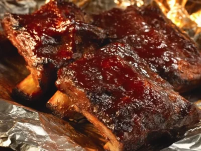 Delicious oven-baked ribs served on a platter with barbecue sauce.