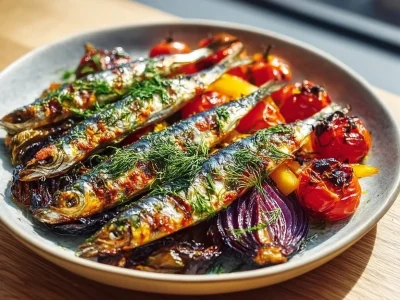 Paleo grilled vegetables with sardines on a plate