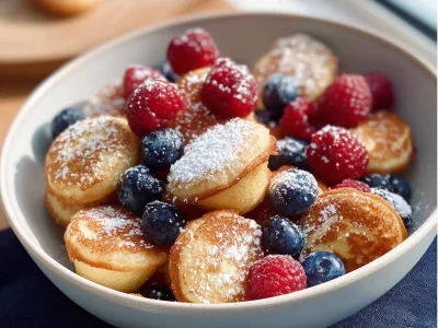 Pancake mini muffins stacked on a plate, perfect for a quick breakfast.
