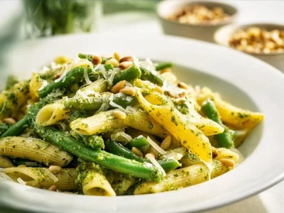 Pasta Salad with Pesto garnished with fresh basil and cherry tomatoes