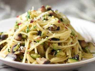 Pasta with zucchini and mushrooms in a white ceramic bowl