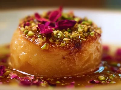 Delicious homemade peach dumplings served with syrup and fresh cream.