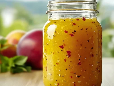 Fresh peach salad dressing drizzled over a colorful salad.