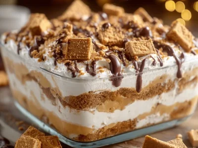 Delicious Peanut Butter Layered Delight dessert in a glass, showcasing layers of peanut butter and cream.
